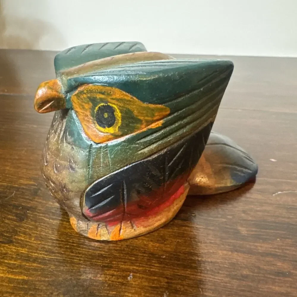 Vintage Wooden Owl Figurine Hand Carved Artisan Wood Bird Colorful Folk Art